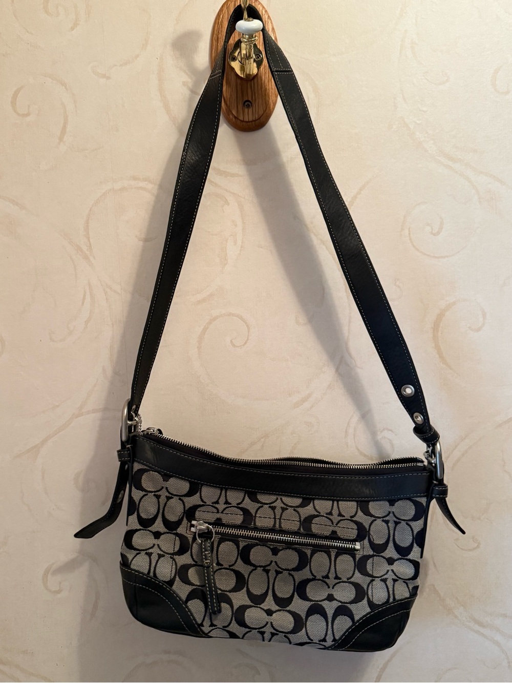 Coach Vintage F13020 Black and Gray Signature Canvas Shoulder Bag